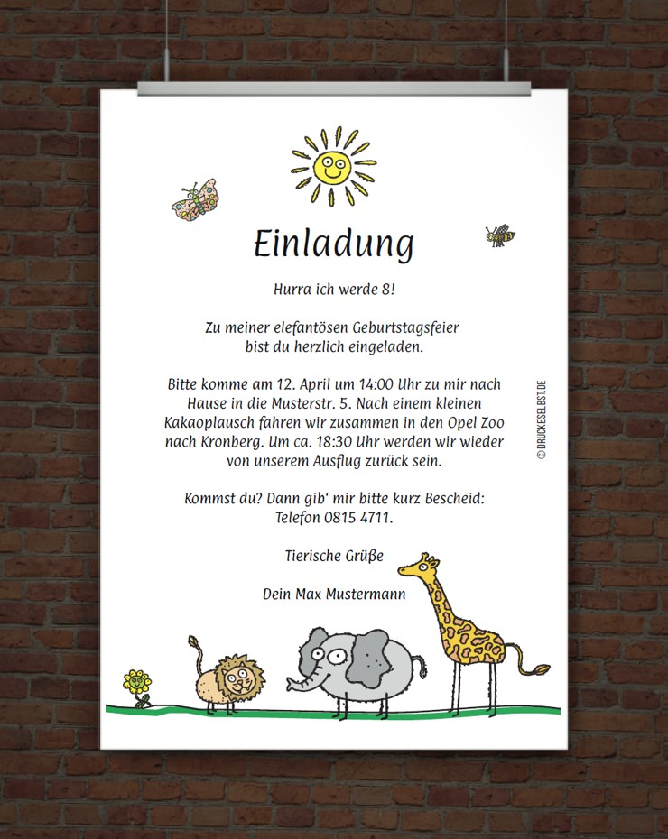 © Druckeselbst! Lustige Kindergeburtstagseinladung für einen Zoobesuch