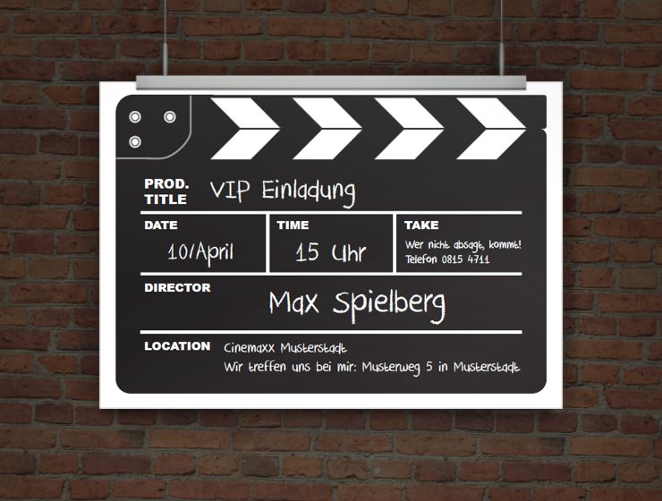 © Druckeselbst! Einladungskarte Kinogeburtstag als Filmklappe