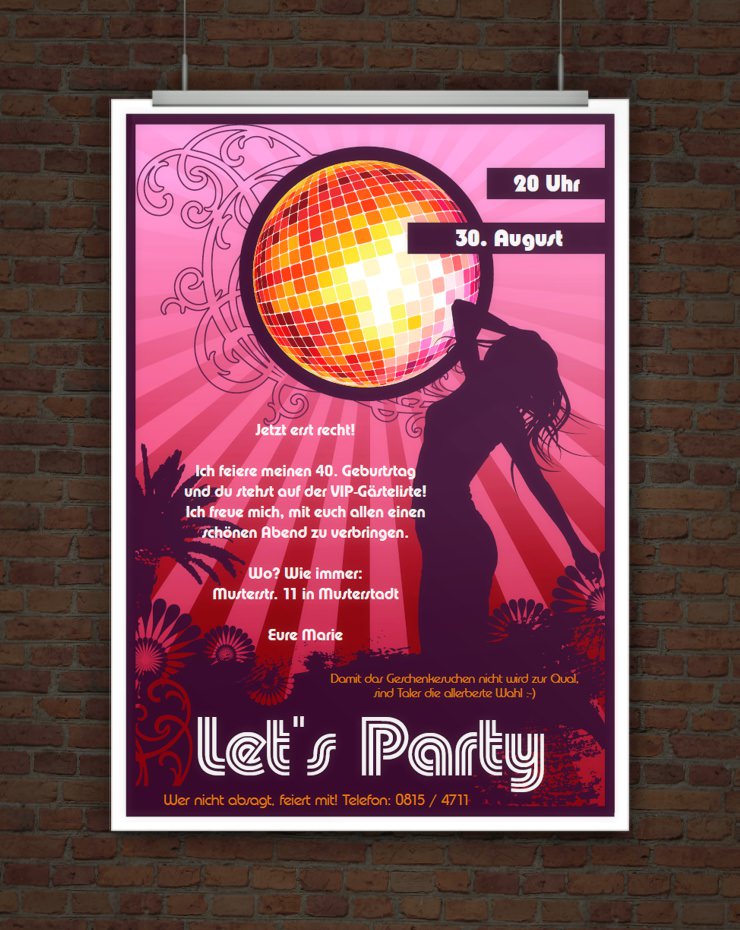 © Druckeselbst! Let's Party! Partyeinladung mit Discokugel zum Ausdrucken